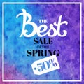 Spring sale blur background with lettering the best prices of this spring. Vector illustration watercolor template blue color.