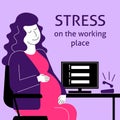 A square flat vector image of a pregnant woman having a stress situation in the office. Life and work balance.