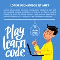 A square image of the boy who studies coding. A vector image for a flyer or a poster for the chidren coding school