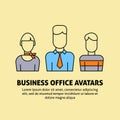 PrintA square image with three vector outline business avatars. A template for presentation design and web