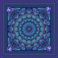 Print for a square silk scarf with a magnificent mandala, bluebells flowers and a decorative frame