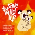 A square vector image with a fire, a text Save the wild life and a koala with a cub. Environment protection illustration. Forest a