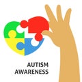 PrintA square vector image with a hand holding a puzzle for the autism awareness day. A template for a medicine flyer poster card