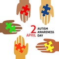 A square vector image with a hand holding a puzzle for the autism awareness day. A template for a medicine flyer poster card