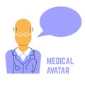 A square vector image with the outline medical avatar of a doctor with a balloon. A vector template for the medical poster or flye