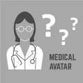 A square vector image with the outline medical avatar of a woman doctor with glasses. A vector template for the medical poster or