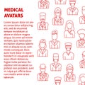 PrintA square vector image with outline medical avatars: a therapist, a doctor, a surgeon, an otolaryngologist and a nurse for a h