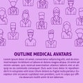 A square vector image with outline medical avatars: a therapist, a doctor, a surgeon, an otolaryngologist and a nurse for a hospit Royalty Free Stock Photo