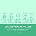 PrintA square vector image with outline medical avatars: a therapist, a doctor, a surgeon, an otolaryngologist and a nurse for a h Royalty Free Stock Photo