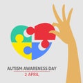 A square vector image with a puzzle heart as a symbol of autism awareness. A world autism awareness day. A template for a medicine