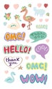 Stickers with inscriptions in English flamingos swans hearts flowers Royalty Free Stock Photo