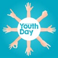 Stock vector international youth day,12 August. circle hands up on blue background