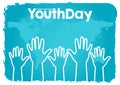 Stock vector international youth day,12 August. hands up on world map blue background
