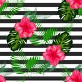 Print summer exotic jungle plant tropical palm leaves and flower red hibiscus. Pattern, seamless floral background Royalty Free Stock Photo