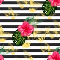 Print summer exotic jungle plant tropical palm leaves and flower red hibiscus. Pattern, seamless floral background Royalty Free Stock Photo