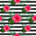 Print summer exotic jungle plant tropical palm leaves and flower red hibiscus. Pattern, seamless floral background Royalty Free Stock Photo