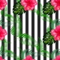 Print summer exotic jungle plant tropical palm leaves and flower red hibiscus. Pattern, seamless floral background Royalty Free Stock Photo