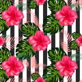 Print summer exotic jungle plant tropical palm leaves and flower red hibiscus. Pattern, seamless floral background Royalty Free Stock Photo