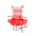 Print, t-shirt design with sweet piglet dancing and the inscription Tiny Dancer. Pig in a ballet skirt. Vector Royalty Free Stock Photo