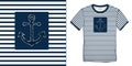 Print on t-shirt graphics design, anchor icon chalky, sailor stripes background