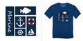 Print on t-shirt graphics design, blue nautical icons collections anchor, fish carp, sailing boat, rudder, lifebuoy, isolated on