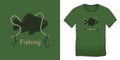 Print on t-shirt graphics design, motive green image, fish carp with rope and hooks, isolated on background