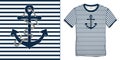 Print on t-shirt graphics design, motive image shirt sailor stripes with anchor and rope, isolated on background