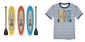 Print on t-shirt graphics design, Paddle board, nautical motive image shirt sailor stripes, isolated on background blank