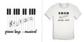 Print on t-shirt graphics design, piano keys musical with music notes, isolated on white background Royalty Free Stock Photo