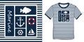 Print on t-shirt graphics design sailor stripes, nautical icons collections anchor, fish carp, sailing boat, rudder, lifebuoy,