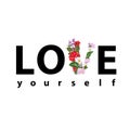 Print for a t-shirt with the slogan Love yourself with the letter V of flowers and leaves.