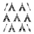 Teepee tents and arrows tribal tattoo collection. Wigwam ornamental design. Royalty Free Stock Photo