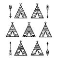 Teepee tents and arrows tribal tattoo collection. Wigwam ornamental design. Royalty Free Stock Photo