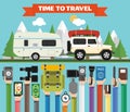 Time to travel flat design with jeep, trailer camping. Summer holiday