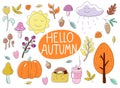 Set of autumn things with banner hello autumn