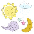 Elements of nature smiling sun, cloud, rain, moon, stars, wind Royalty Free Stock Photo