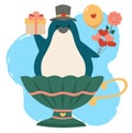 Valentine\'s Day vector greeting card with adorable kawaii penguin bird in cup