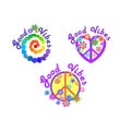 Print variation for girl tee, t shirt design, poster and sticker with Hippy peace symbol, flower-power, colorful pebbles spiral an