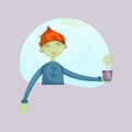 Vector colorful red hair boy, kid holding a flower pot with flower on rainy murky day Royalty Free Stock Photo