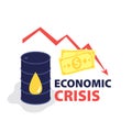 Vector flat illustration of barrel of oil with red falling arrow of the economic chart and dollars cash. Royalty Free Stock Photo