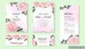 Vector floral template for wedding invitation. Pink roses, eucalyptus, green plants and leaves, asiatic buttercup. Rsvp Royalty Free Stock Photo