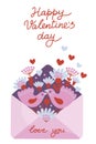 Envelope with two birds, hearts and cute flowers. Happy Valentine`s day. Royalty Free Stock Photo