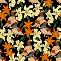 Vector illustration seamless pattern with flowers and duck in ukiyo style