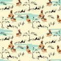 Vector illustration seamless pattern with plants and duck in ukiyo style