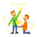 A vector image with boys coding a block chain.children studying programming languages.