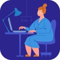 A vector image of a mother working lately at the computer while the baby is sleeping. A part-time job vector. Work and life balanc