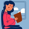 A vector image of a pregmant woman in the transport with motion sickness and dizziness. A color image for a travel poster, flyer