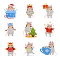 Vector set of cute girls in a mouse costume. Royalty Free Stock Photo