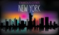 Vector silhouette of the night city on a background of multi-colored sky. New York .