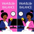 A vertical flat vector image for smartphone of a pregnant woman eating in the office. Life and work balance.